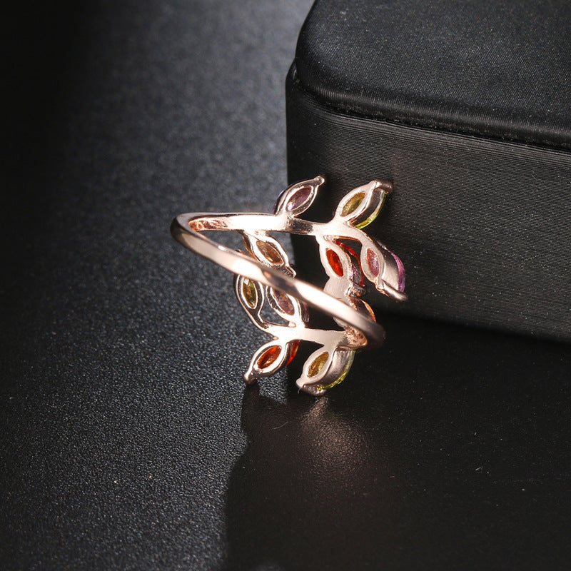 New Color Zircon Tree Branch Leaf Shape Ring